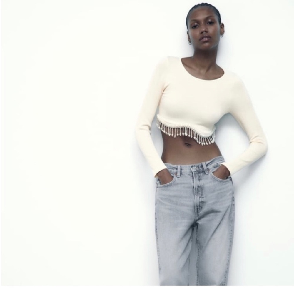 NWT ZARA PEARL EMBELLISHED CREAM CROP TOP SIZE M